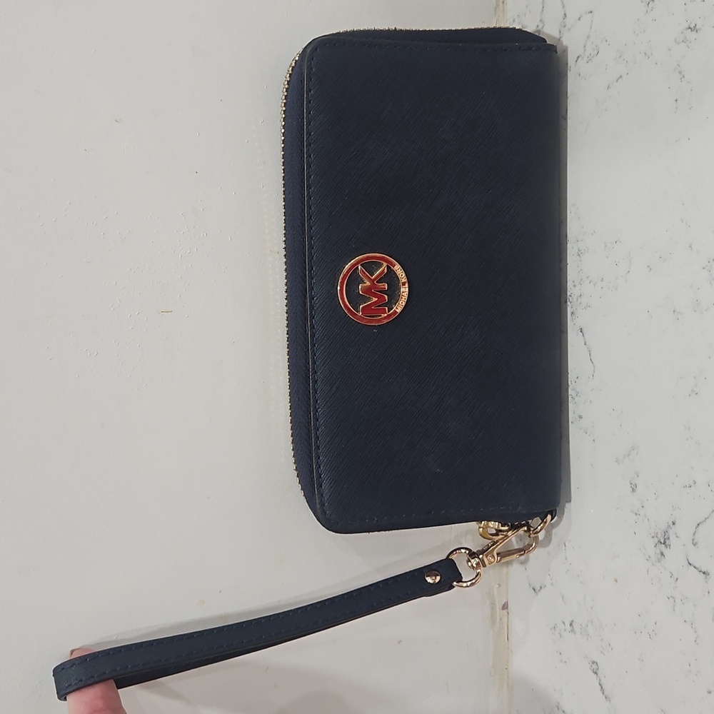 Michael Kors Navy Blue Leather Wristlet with Gold Logo